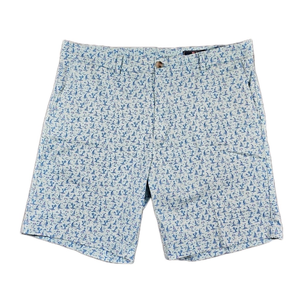 Vineyard Vines Breaker Shorts Mens 38 Blue Sailboat Print Cotton‎ Stretch 9"